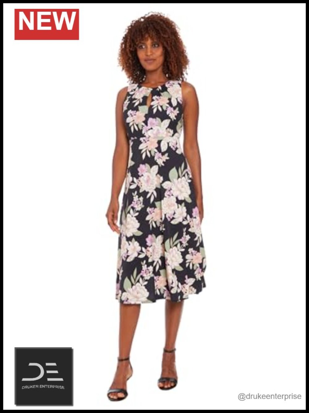 Sleeveless Round Neck Midi A-Line Fitted Waist Formal Wedding Guest Dress